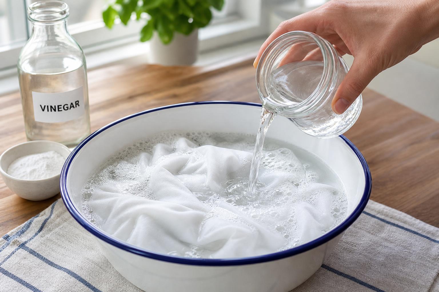 Illustration for: Method 1: Vinegar and Baking Soda Hot Soak (Safest for Most Fabrics)